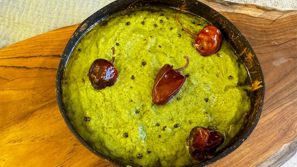 coriander coconut chutney on a serving bowl